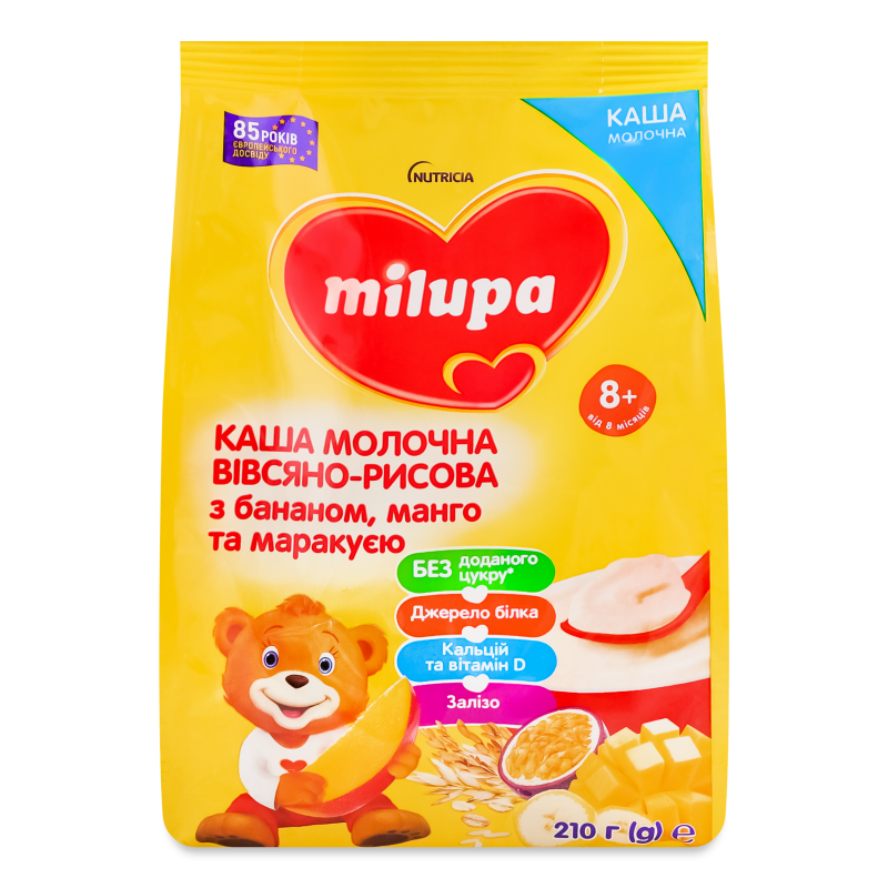Каша молочна вівсяно-рисова з бананом манго та маракуєю від 8місяців 210г Milupa