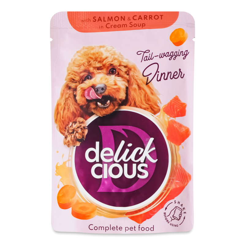 Корм д/дорослих собак Смужки з лососем та морквою в крем-супі 85г пауч Delickcious