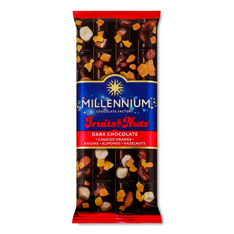 Шоколад Fruits&Nuts чорний з мигдалем цілими лісовими горіхами апельсиновими цукатами та родзинками 90г Millennium