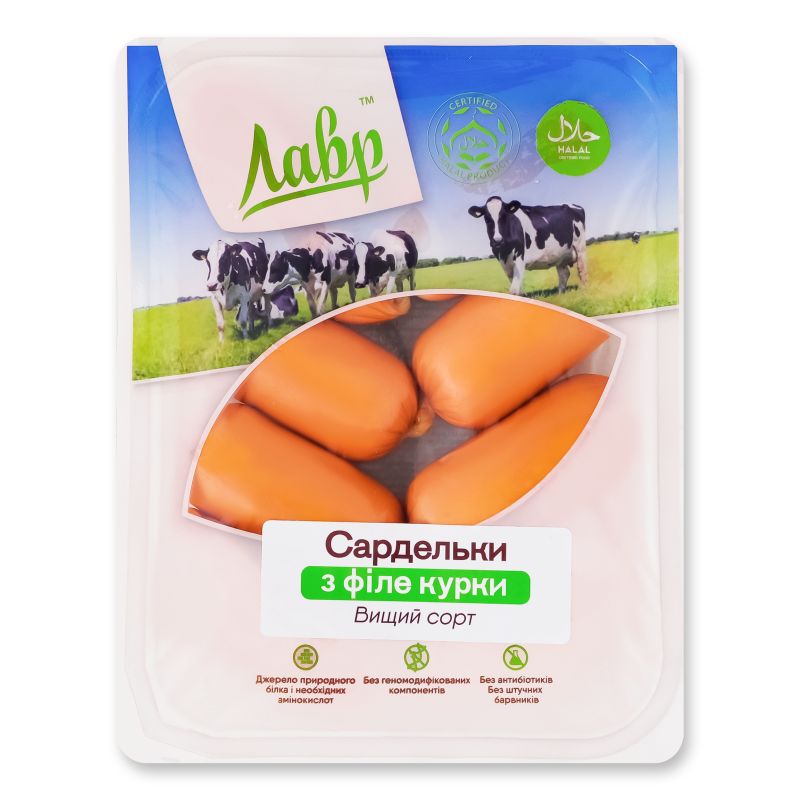 Сардельки з філе курки в/г 400г газ/уп Лавр