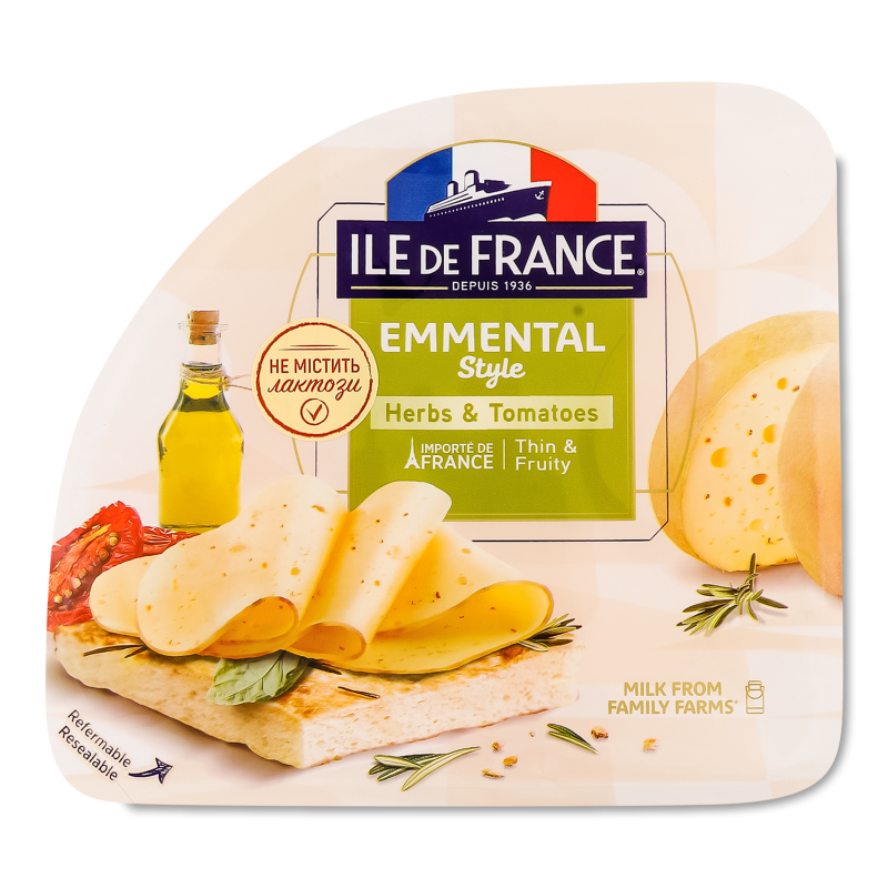 Сир н/твердий Емменталь з травами та томатами 28% нарізка 150г Ile De France