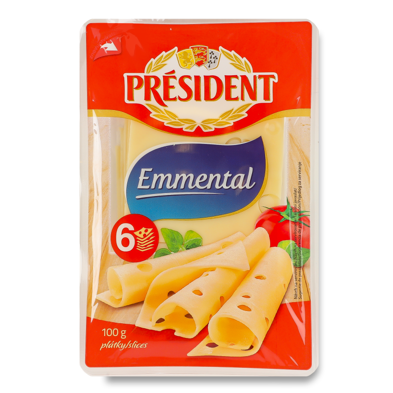 Сир Емменталь 45% нарізка 100г газ/уп President