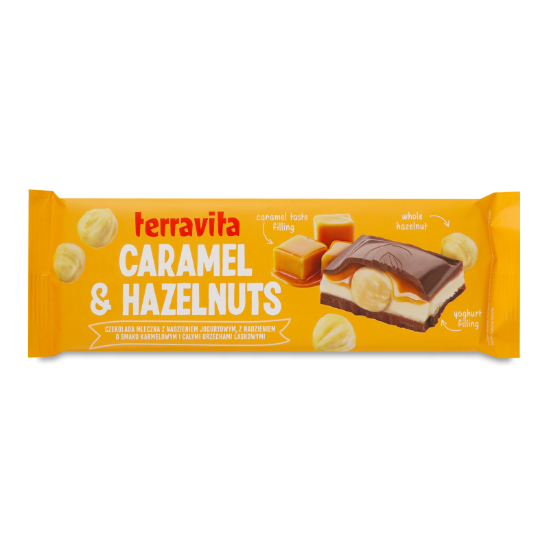 Шоколад молочний з начинкою Карамель та лісові горіхи 235г Terravita