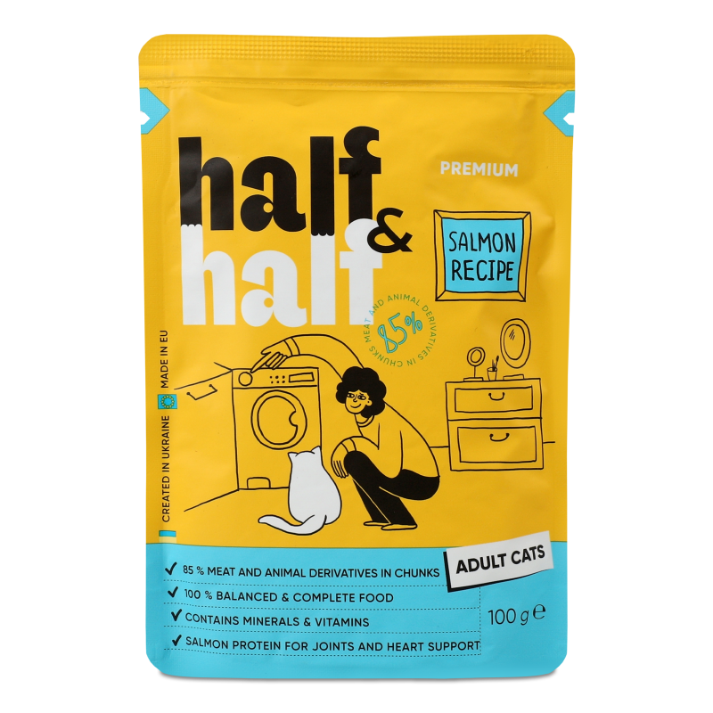 Корм д/дорослих котів шматочки з лососем в желе 100г пауч Хаф енд Хаф