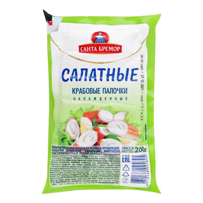 Палички крабові пастеризовані Салатні Санта Бремор охл в/у