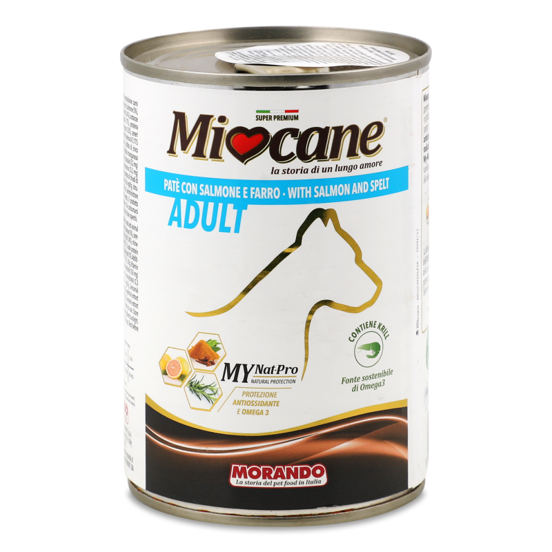 Корм д/собак з лососем та полбою 400г ж/б Міокане