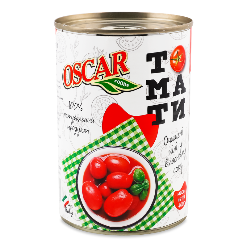Томати очищені цілі у власному соку 400г ж/б Оскар Фудз