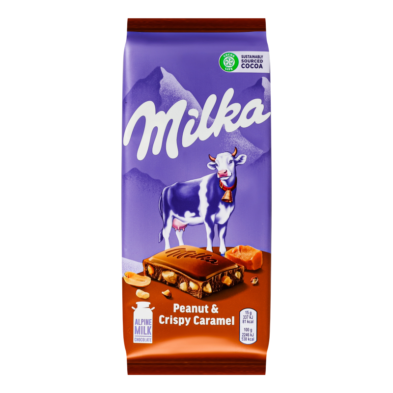 Шоколад молочний з рисовими кульками та пластівцями Peanut&Crispy Caramel Milka м/у