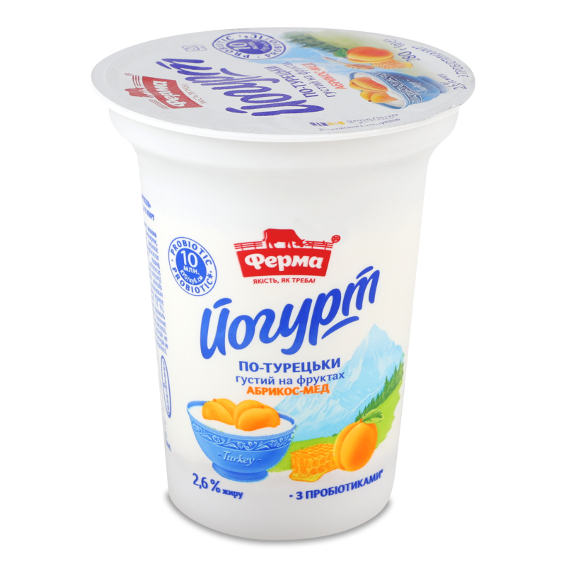 Йогурт По-турецьки на фруктах Абрикос-мед 2,6% 280г стакан Ферма