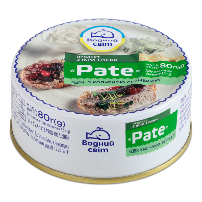 Продукт з ікри тріски Пате з копченою скумбрією 80г ж/б з ключем Водний світ