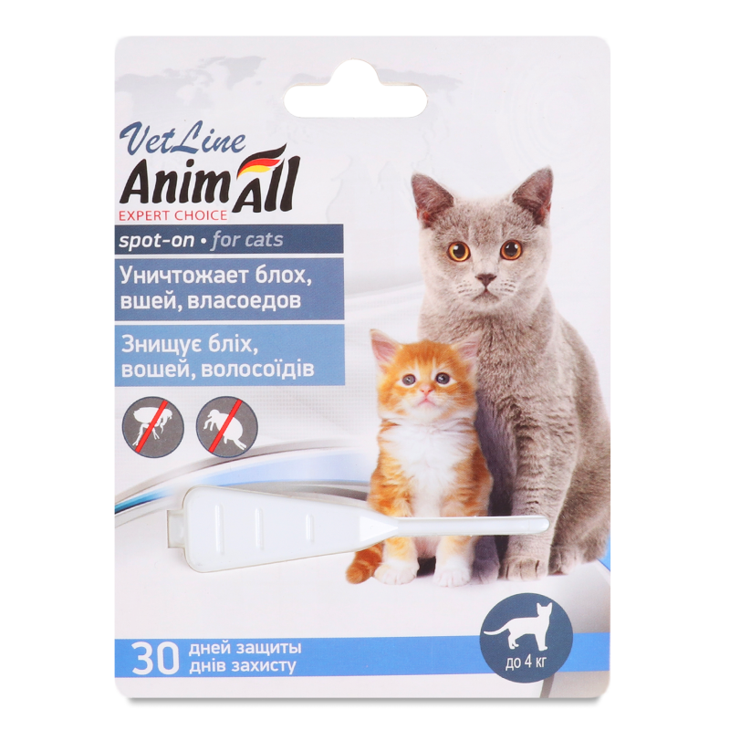 Краплі протипаразитні д/котів до 4кг VetLine spot-on 0,5мл AnimAll