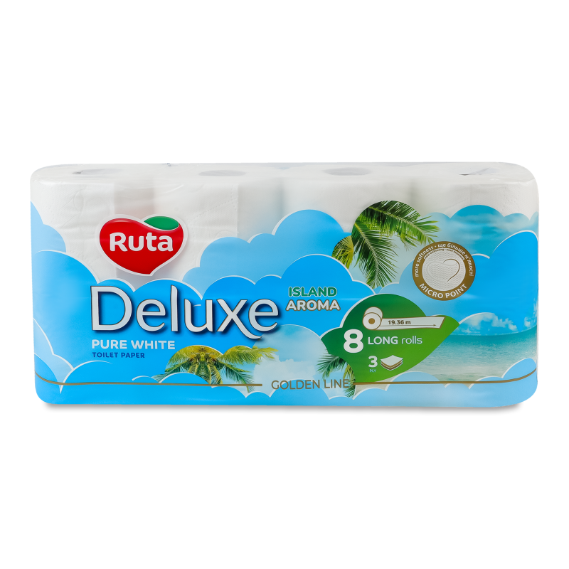 Папір туалетний Голден Лайн Делюкс Пур Вайт Ісланд Арома білий 3шари 8шт Рута