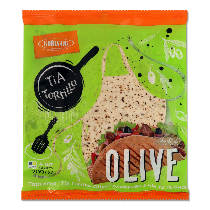 Тортилья Tia Tortilla Grano Olive оливкова з чіа та льоном 200г плівка Київхліб