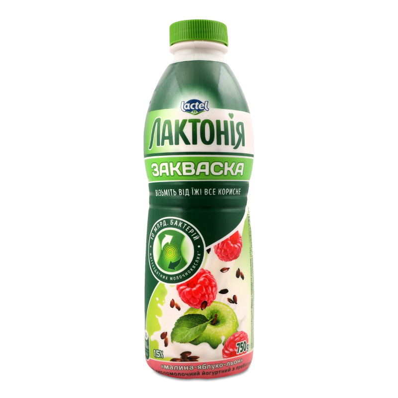 Напій кисломолочний йогуртний Закваска з наповнювачем Малина-яблуко-льон 1,5% 750г пет Лактонія