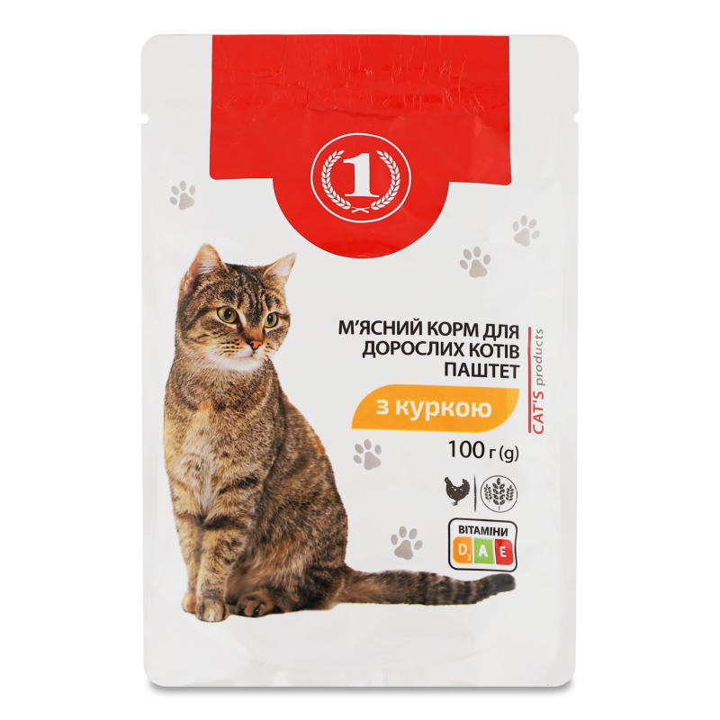 Корм д/дорослих котів Паштет з куркою 100г пауч ТМ “1”