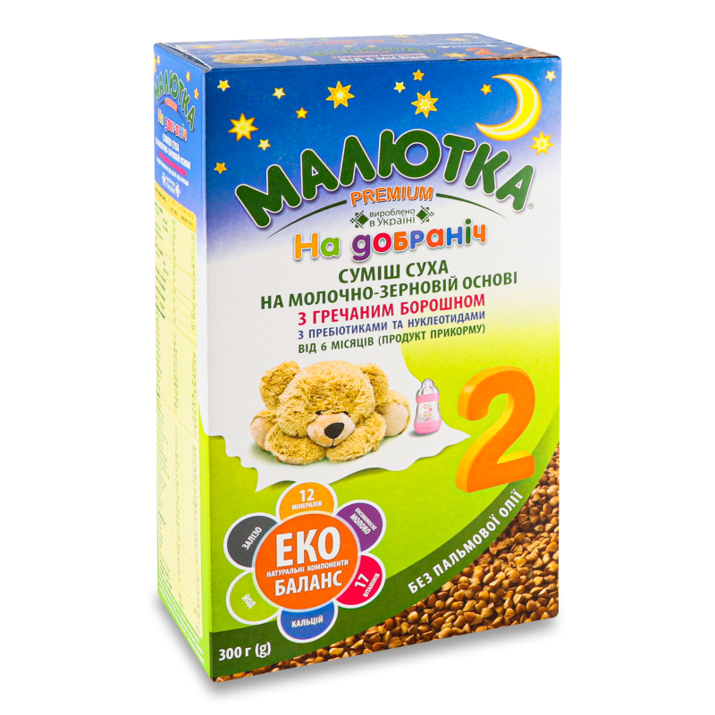 Суміш на молочно-зерновій основі На добраніч з гречаним борошном від 4місяців 300г Малютка Premium