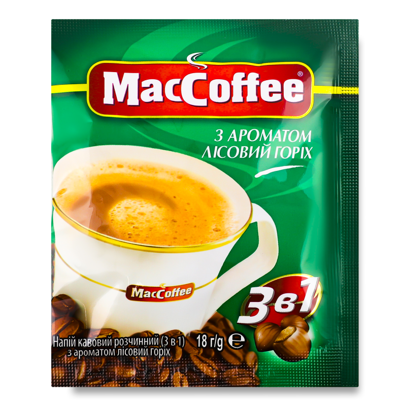 Напій кавовий 3в1 з ароматом Лісовий горіх розчинний 18г стік MacCoffee