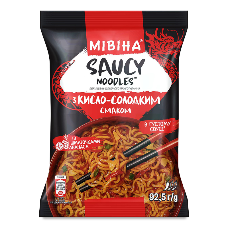 Вермішель швидкого приготування Saucy Noodles в соусі з кисло-солодким смаком 92,5г Мівіна