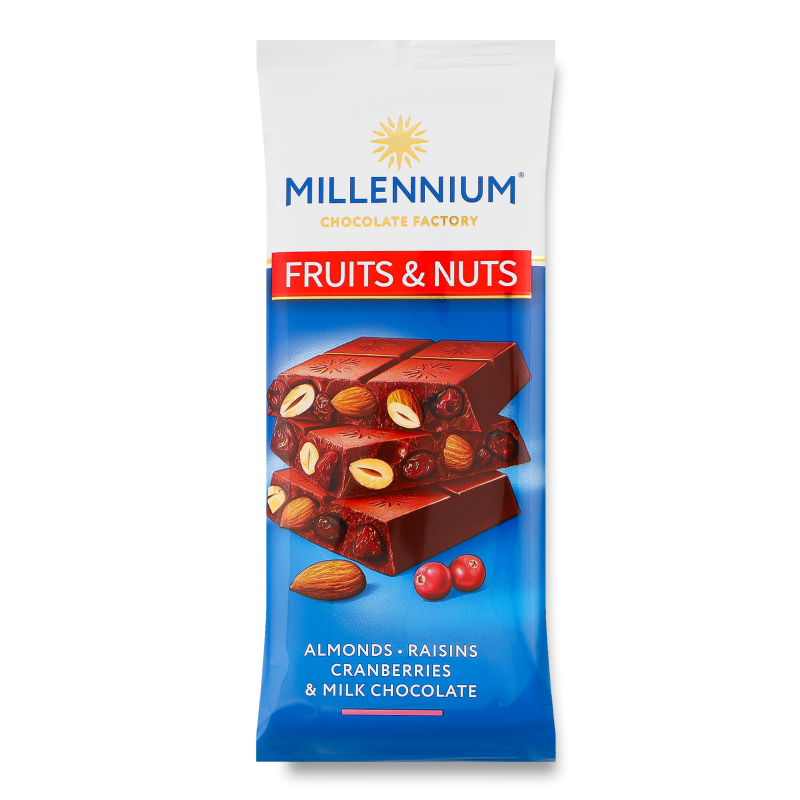 Шоколад Fruits&Nuts молочний з мигдалем журавлиною та родзинками 90г Millennium