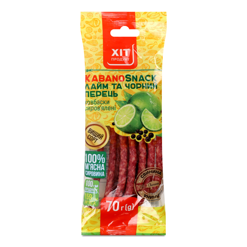 Ковбаски КабаноСнек Лайм та чорний перець с/в в/г 70г Хіт Продукт
