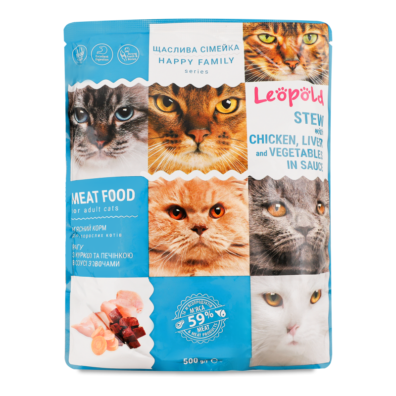 Корм д/котів Щаслива сімейка Рагу в соусі з куркою печінкою та овочами 500г пауч Леопольд