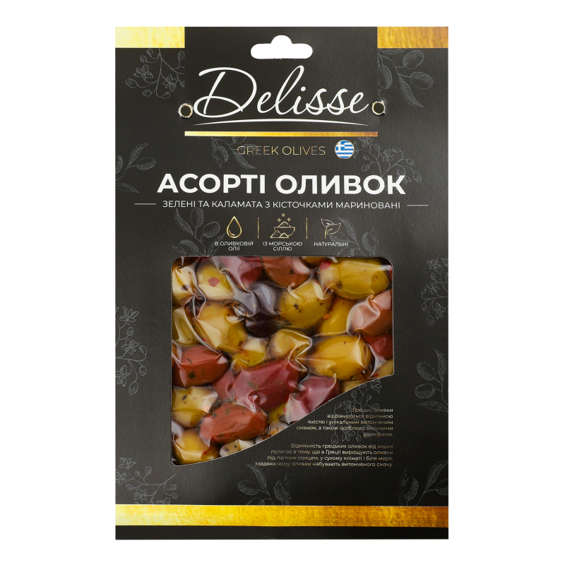 Асорті оливок зелені та каламата з кісточками мариновані Delisse к/у