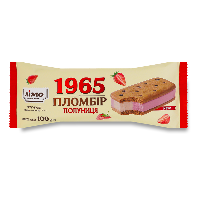 Морозиво Пломбір 1965 Полуниця в печиві з дропсами та родзинками двошарове 100г Лімо