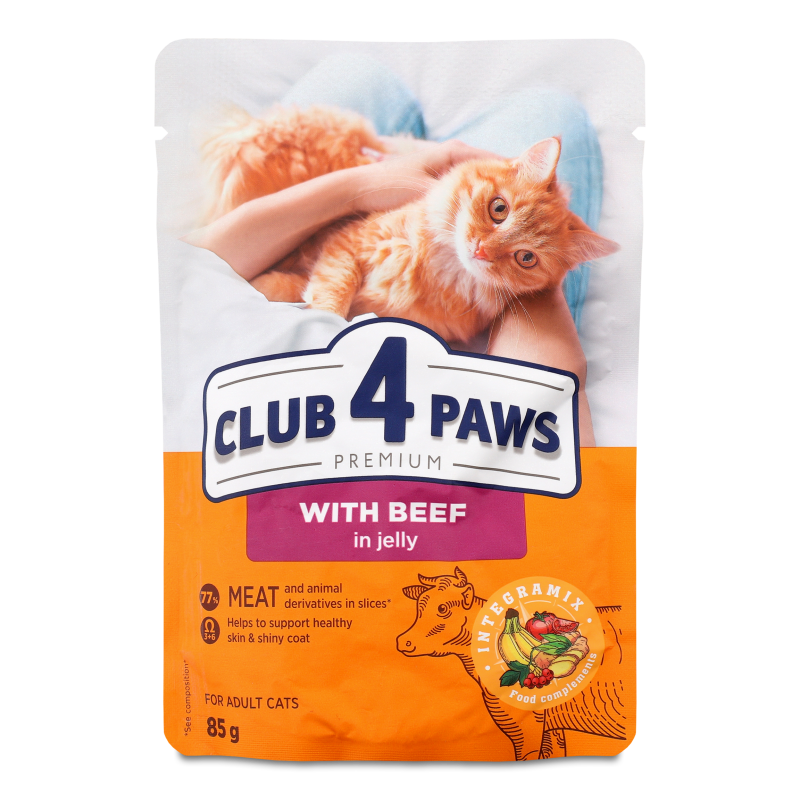 Корм д/дорослих котів Преміум з яловичиною в желе 85г пауч Клуб 4 лапи