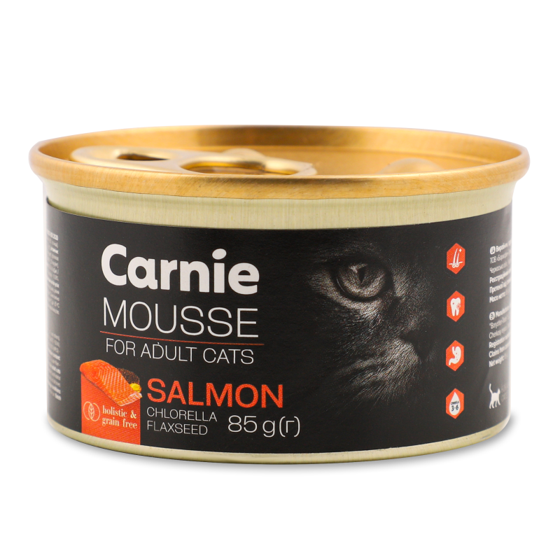 Корм д/дорослих котів Мус з лососем насінням льону хлорелою та желе 85г ж/б Carnie