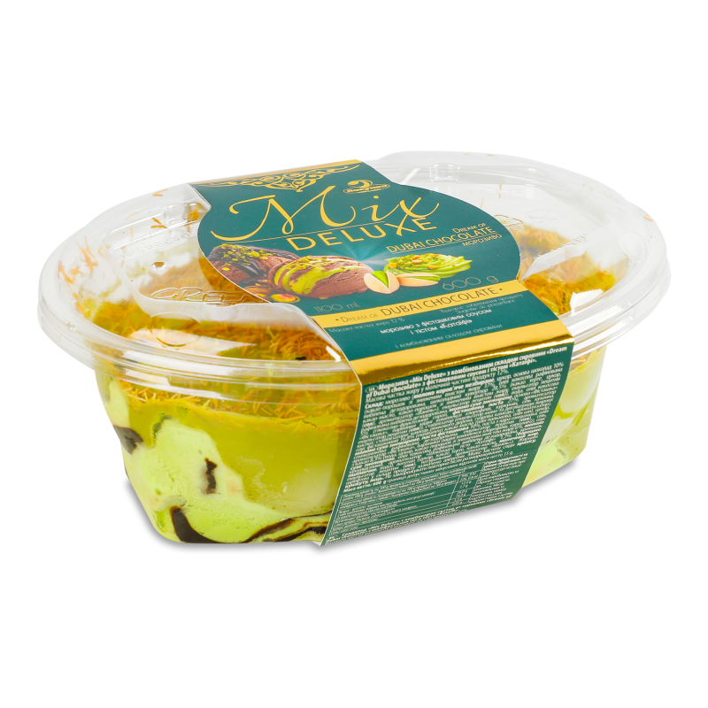 Морозиво Mix Deluxe Drеam of Dubai chocolate з фісташковим соусом та тістом Катаїфі 600г Ласунка