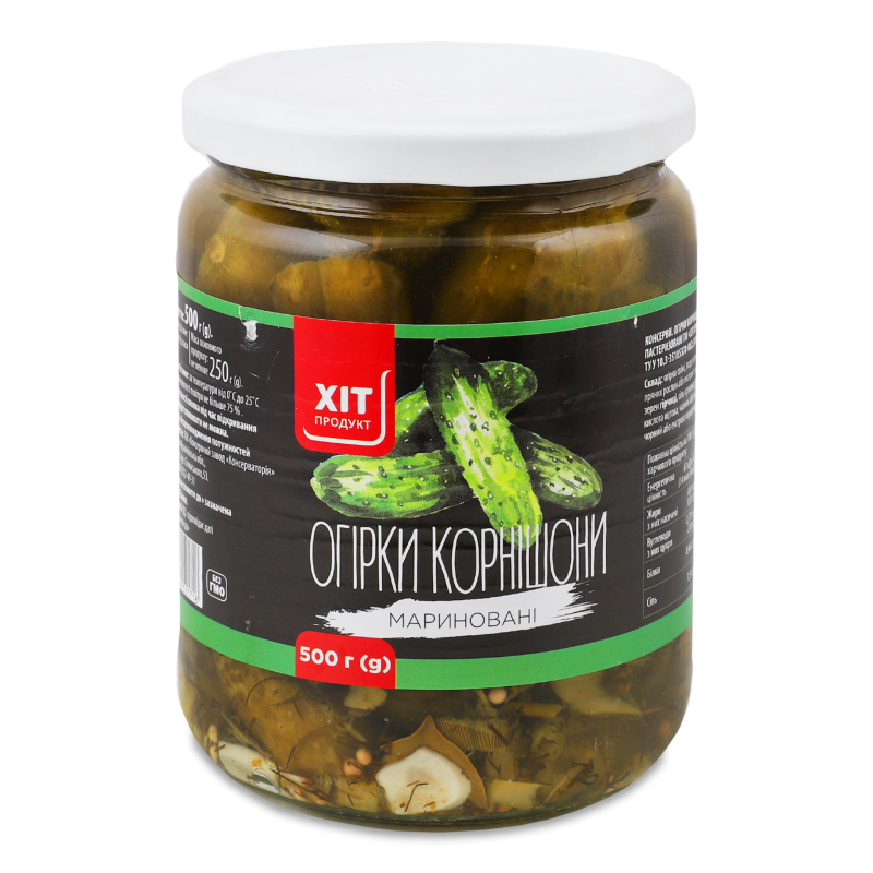 Огірки корнішони мариновані 500г твіст/б Хіт Продукт