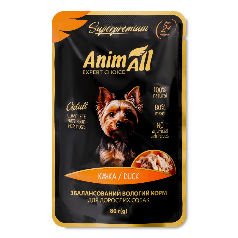 Корм д/дорослих собак Качка 80г пауч AnimAll