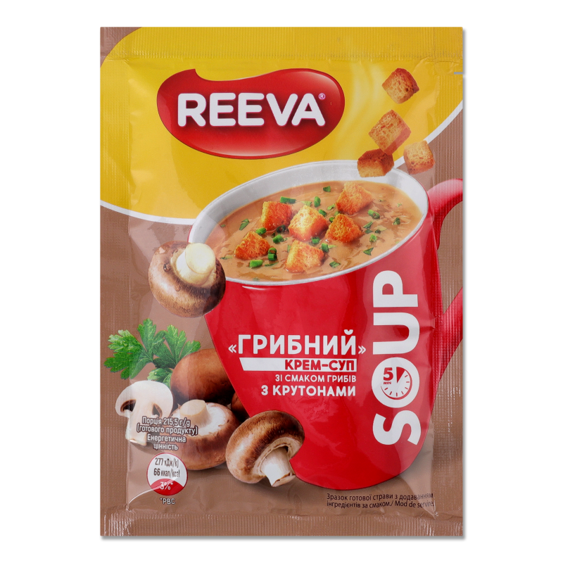 Крем-суп швидкого приготування з cмаком грибів з крутонами 15,5г Reeva