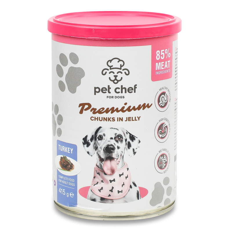 Корм д/дорослих собак Premium шматочки з індичкою в желе 415г ж/б Pet Chef