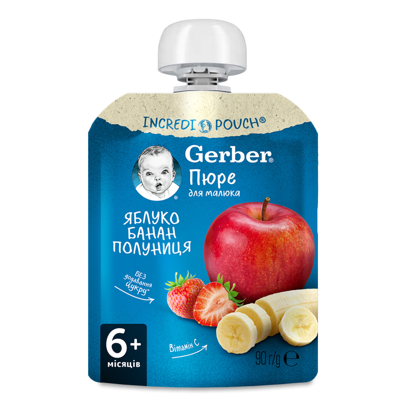Пюре фруктове Яблуко банан та полуниця від 6місяців 90г пауч Гербер