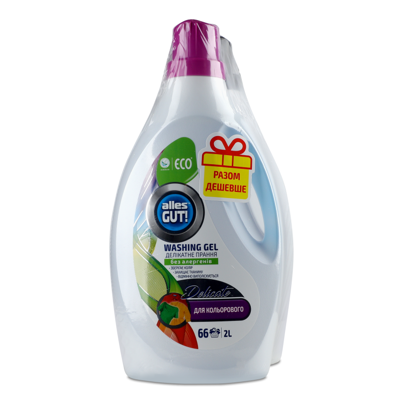 Набір Eco Гель д/делікатного прання кольорової білизни 2л+Гель д/делікатного прання чорних та темних тканин 2л Alles Gut!