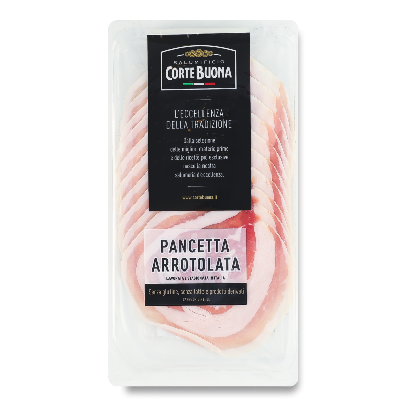 Бекон Панчетта Арротолата в/к нарізка 100г газ/уп Corte Buona