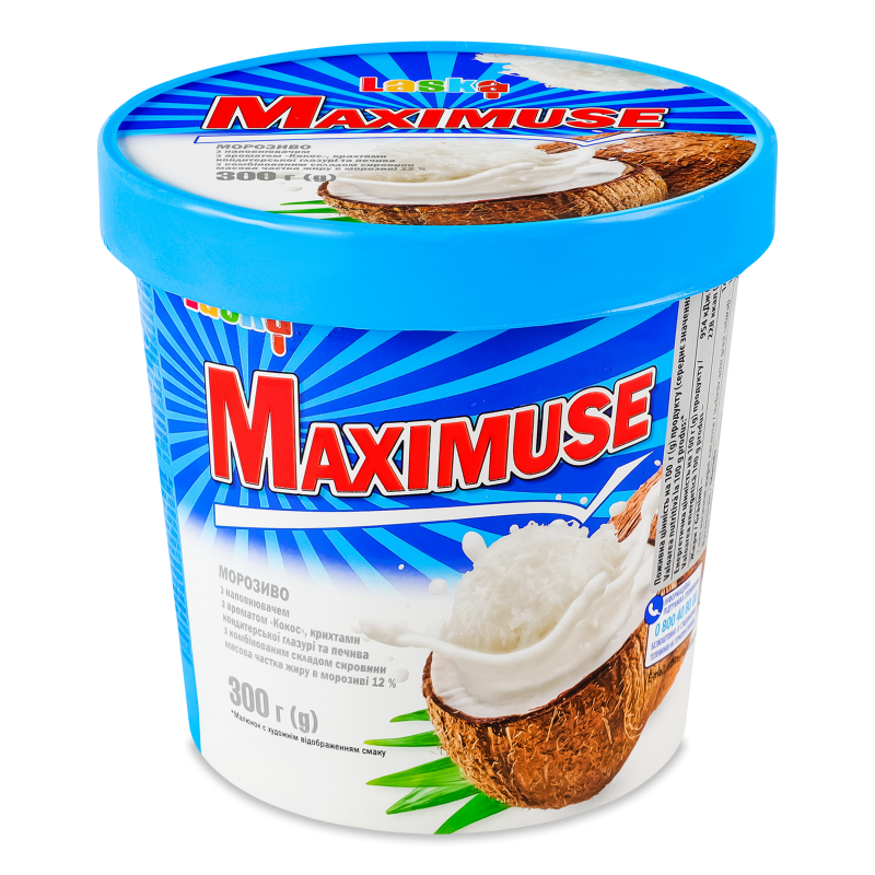 Морозиво Maximuse з наповнювачем Кокос крихтами глазурі та печива 300г Laska