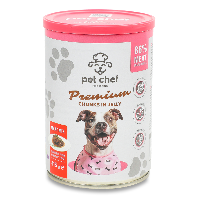 Корм д/дорослих собак Premium М’ясний мікс шматочки в желе 415г ж/б Pet Chef