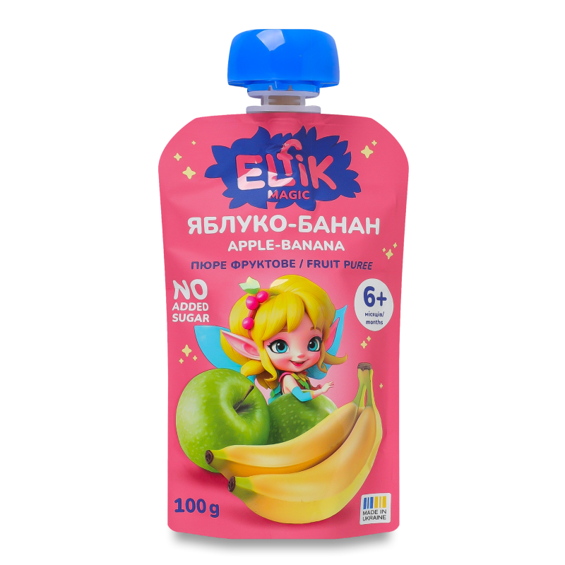 Пюре фруктове з яблук та бананів від 6місяців 100г пауч Elfik Magic