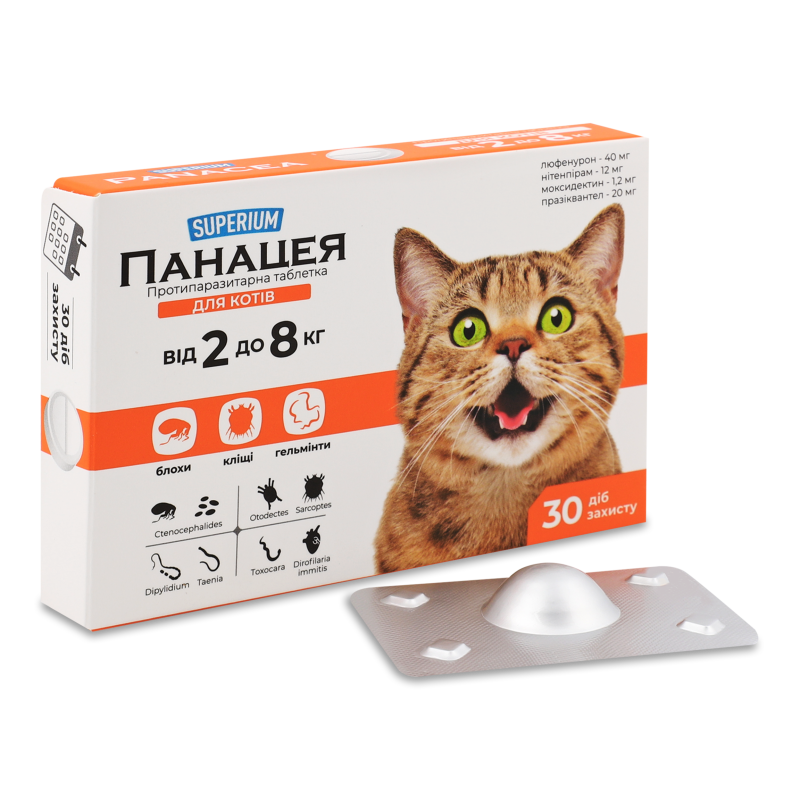 Таблетки протипаразитарні д/котів від 2кг до 8кг Панацея Суперіум
