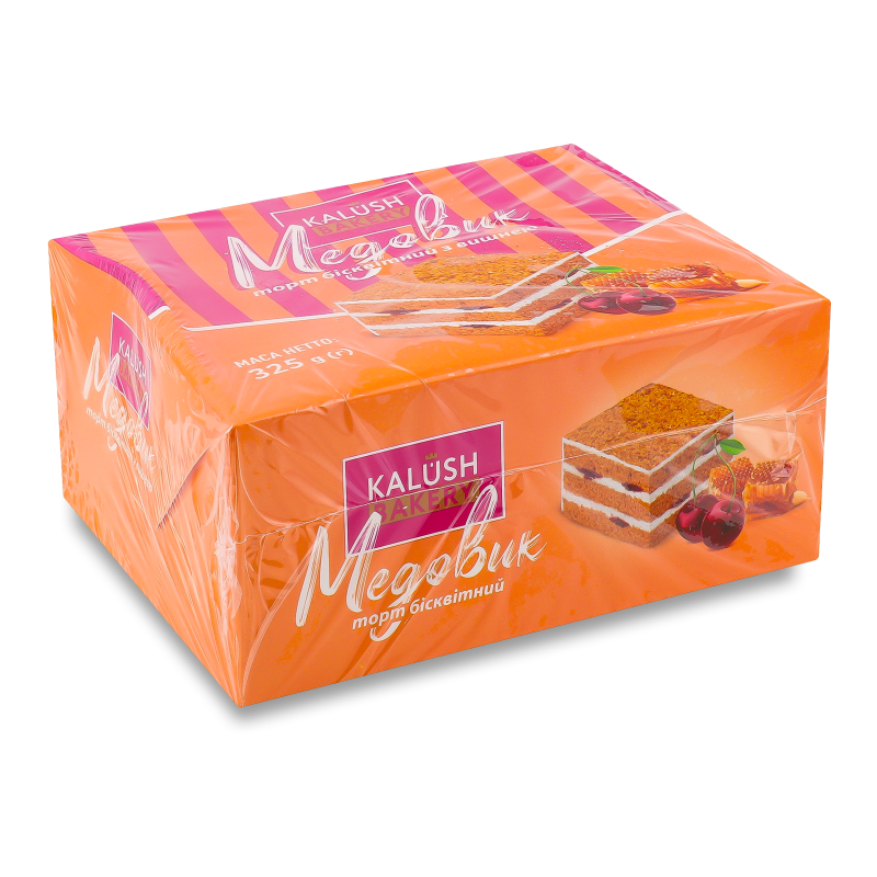 Торт бісквітний Медовик з вишнями 325г коробка Kalush Bakery