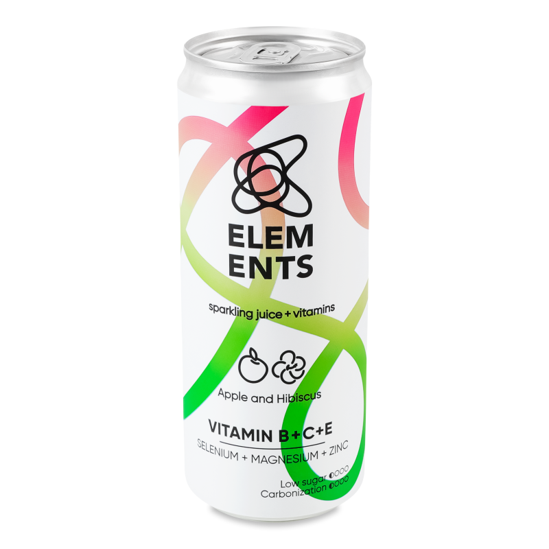 Напій безалкогольний Яблуко та гібіскус соковий вітамінізований слабогазований 330мл ж/б Elements