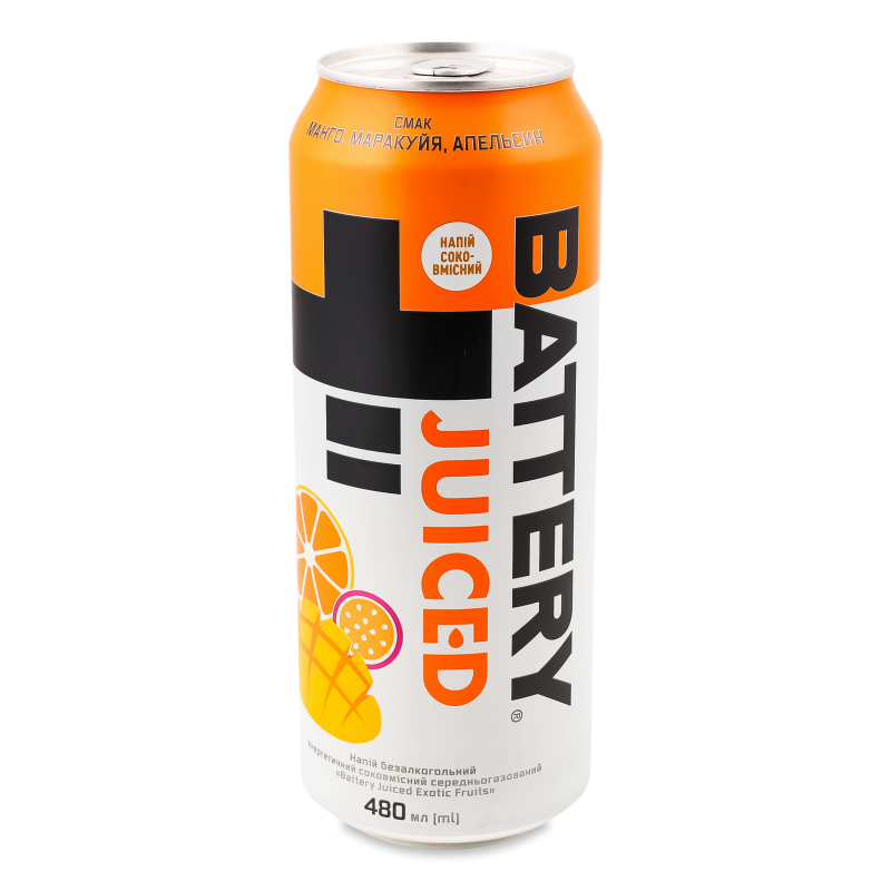 Напій енергетичний безалкогольний Juiced Exotic Fruits середньогазований 480мл ж/б Battery