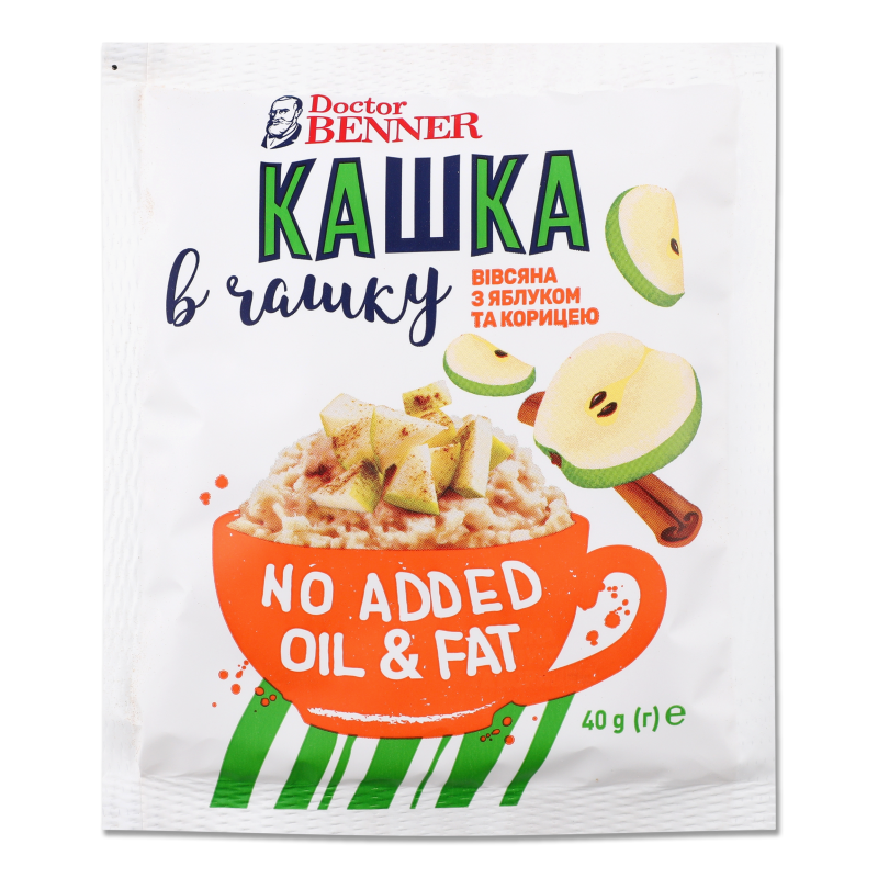 Каша швидкого приготування Кашка в чашку вівсяна з яблуком та корицею 40г Doctor Benner
