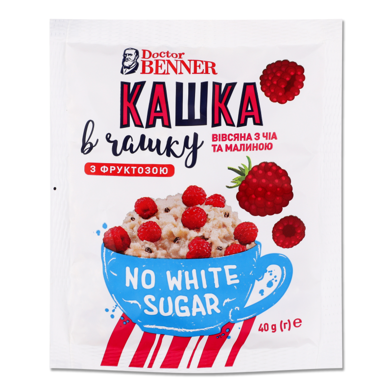 Каша швидкого приготування Кашка в чашку вівсяна з чіа та малиною 40г Др.Беннер