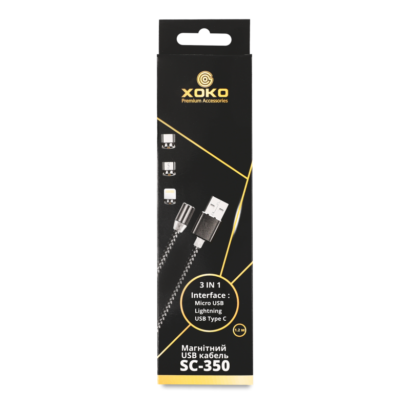 Кабель магнітний 3в1 USB lightning micro-USB Type-C сірий 1,2м SC-350MGNT-GR Хоко.