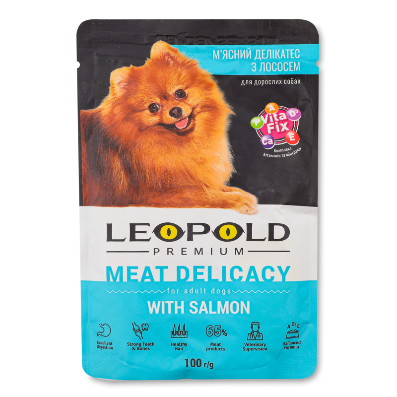 Корм д/собак М”ясний делікатес з лососем 100г пауч Леопольд