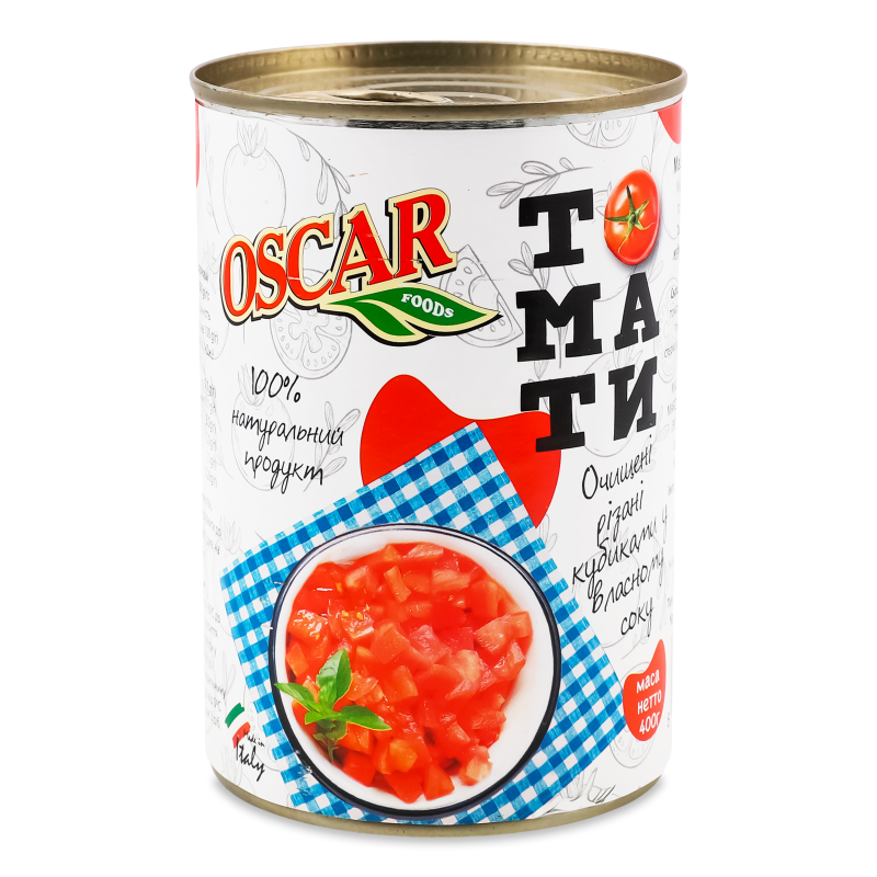 Томати очищені різані кубиками у власному соку 400г ж/б Оскар Фудз