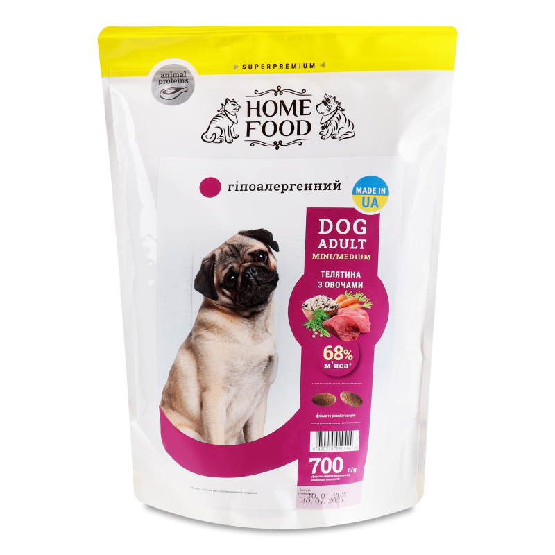 Корм д/дорослих собак малих та середніх порід Гіпоалергенік Телятина з овочами сухий 700г Хоум Фуд